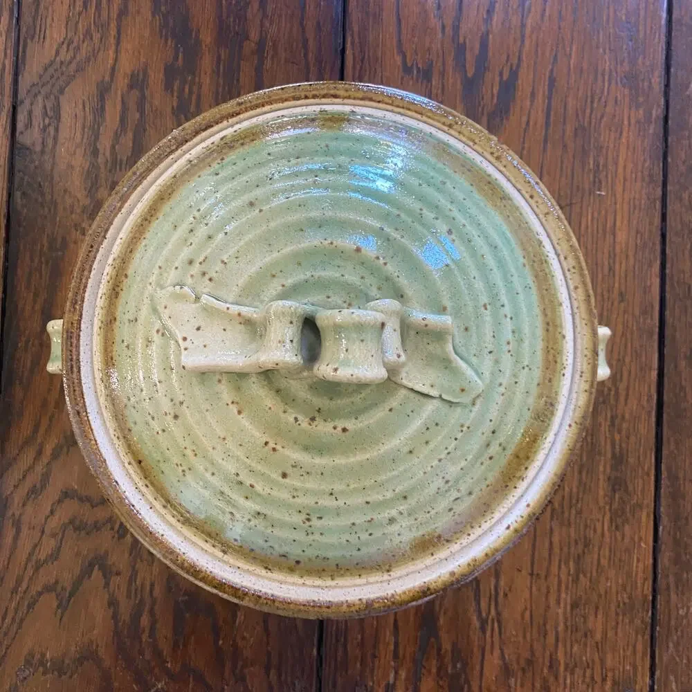 Signed Studio Pottery Green Casserole w Lid 8.5” Diameter